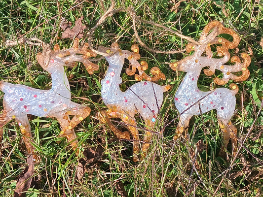 Christmas Tree Ornaments, Reindeer, Set of 3, Pearl and Gold, Holiday Decor