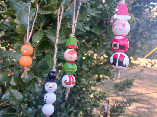 Christmas Tree Ornaments, Set of 4, Painted Wooden Beads, Santa, Snowman, Elf, and Gingerbread Man